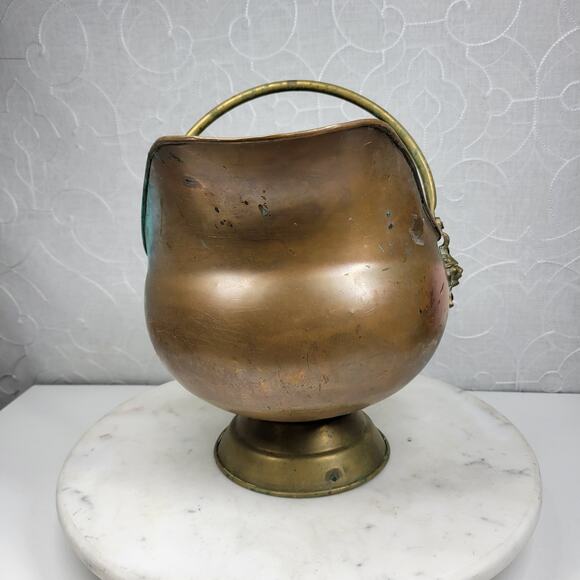 VTG Copper Coal Scuttle Ash Bucket 11" Patina Lion Head Delft Porcelain Handle - Picture 7 of 16